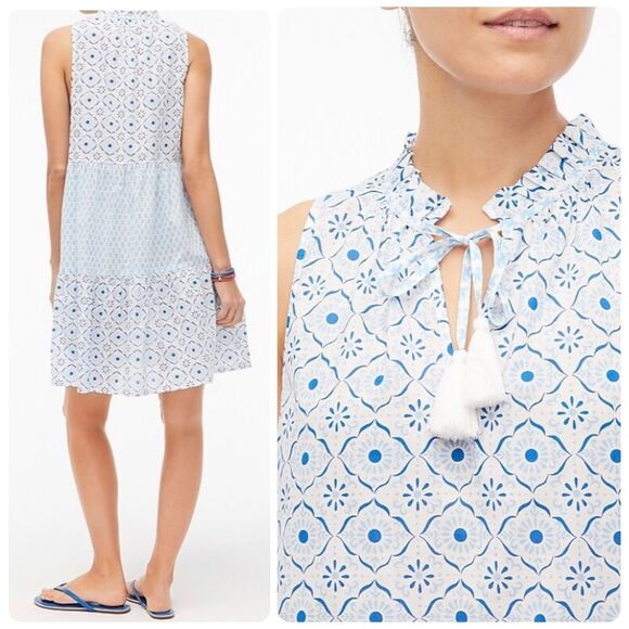 J.Crew Sleeveless Tiered Tassel Cover-Up in White Blue Mixed Print | Small - Picture 2 of 8